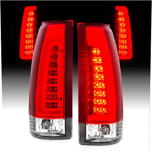 AmeriLite for 1988-1999 Chevy GMC C/K Pickup Vehicle Full Size Tahoe Suburban Crystal Red Replacement C-Type LED Tube Tail Lights Assembly Set - Passenger and Driver Side