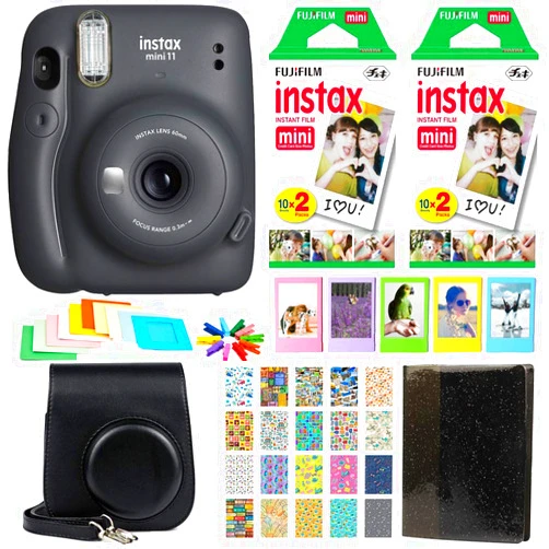 Fujifilm Instax Mini 11 Instant Camera - Charcoal Grey (16654786) + 2X Fujifilm Instax Mini Twin Pack Instant Film (40 Sheets) + Protective Case + Photo Album - Instax Mini 11 Accessory Gift Bundle