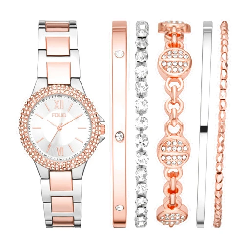 Folio Women's Three-Hand Two-Tone Alloy Watch Gift Set