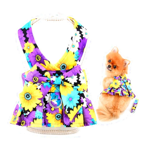 SMALLLEE_LUCKY_STORE Dog Floral Harness Dress with Leash Set,Bow Puppy Princess Dress for Small Medium Dog Cat Girls Adjustable Pet Skirt with D-Ring Female Dog Clothes Summer Apparel,Purple,S