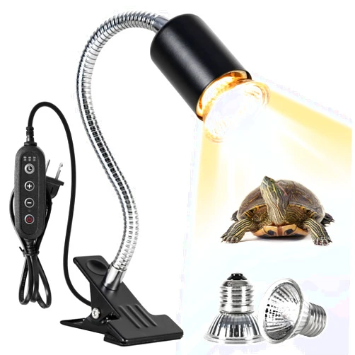 REPTIZOO Reptile Heat Lamp, UVA UVB Reptile Light Bulb Turtle Heat Lamp, Reptile Clip Clamp Fixture with 360° Rotatable Hose Timing & Dimming Reptile Light, 2PACK 50W Turtle Basking Lamp