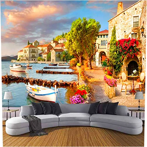 JBTOHS Ocean Sailing Ship Mural Wallpaper, Island Architecture 3D Custom Wall Murals, Peel and Stick Wallpaper Removable Self-Adhesive PVC Wall Stickers Living Room Decoration Mural, 157.5
