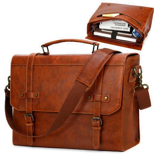RAINSMORE Mens Messenger Bag 17 Inch Waterproof Vintage Leather Laptop Briefcase Large Laptop Bag Satchel Bag Computer Shoulder Bag for Office Business Travel College, Brown