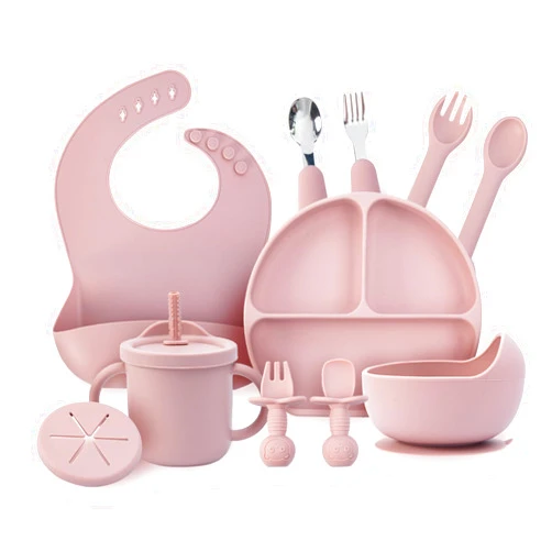 MBQMBSS Baby Feeding Set, 13PCS Silicone Baby Self Feeding Set, Toddler Led Weaning Utensils Set with Suction Bowl and Plate, 3 Set of Baby Spoon and Fork, Adjustable Bid, Sippy Cup with Straw and 2 Lids