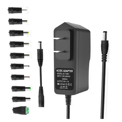 Arybroourd 9V 1A AC DC Converter Power Supply Cord Adapter 100-240V 50-60Hz Wall Plug to DC 9 Volt 1 Amp Power Adapter Transformer, 5.5 x 2.1mm Reverse Polarity Converter Cable, & 10 Tips
