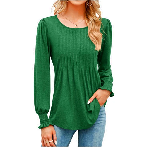 LOMON Women's Fall Puff Long/Short Sleeve Tunic Tops Pleated Crew Neck Shirts Blouses Casual Loose T-Shirts
