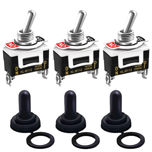 Twidec/3Pcs Heavy Duty Rocker One-Side Momentary Toggle Switch 16A 250V AC SPST 2 Position 2 Pin (ON)-Off Switch with Metal Bat Waterproof Boot Cap Cover KL-B112MZ
