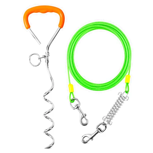 Evilplan Dog Tie Out Cable and Stake,10ft Outside Dog Run Cable Leash&Chain with Shock Spring for Camping and Yard, 16'' Heavy Duty Anti Rust Spiral Stake for Small-Large Dogs Up to 200 lbs(Green, 200lbs 10FT)