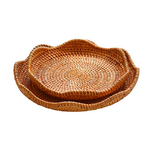 Suiwoyou Hand-Woven Rattan Fruit Tray Storage Bread Basket Serving Tray Home Decoration Food Serving Platter 2 Pieces