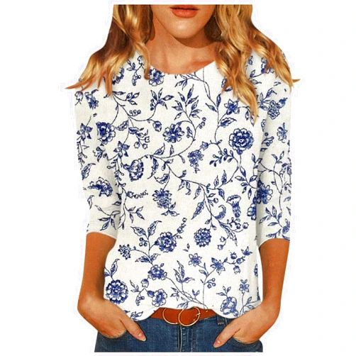 GOFULY Womens Tops 3/4 Sleeve Summer Floral Print Slim Cute Tops Crewneck Slim Fit Half Sleeve Tshirts Shirts Fall Blouse