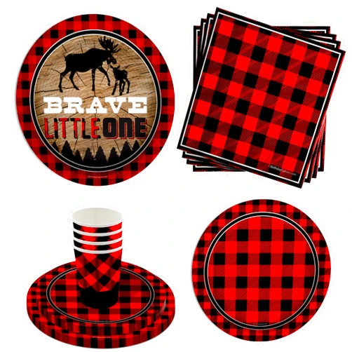 Birthday Galore Brave Little One Buffalo Plaid Baby Boys 1st Birthday Party Supplies - 64 Piece Moose First Birthday Tableware Set Includes Large 9