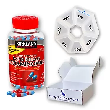 Generic Acetaminophen 500mg Extra Strength, Kirkland Signature Rapid Release, 400 Gelcaps (1) Set with Fusion Shop Store Week Case (1)