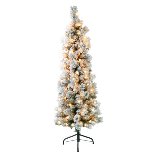 Puleo International 4.5 Foot Pre-Lit Flocked Portland Pine Pencil Artificial Christmas Tree with 100 UL Listed Clear Lights