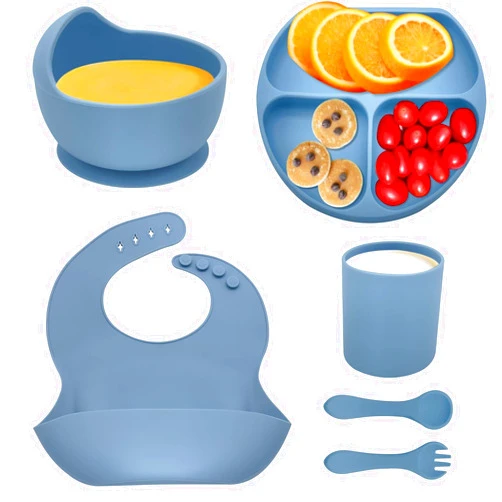 CARELAX Baby Led Weaning Supplies, CARELAX Silicone Baby Feeding Set, First Stage Toddler Utensils, Silicone Bib for Babies, Spoon Fork, Cup, Suction Bowl and Baby Divided Plates for Kids
