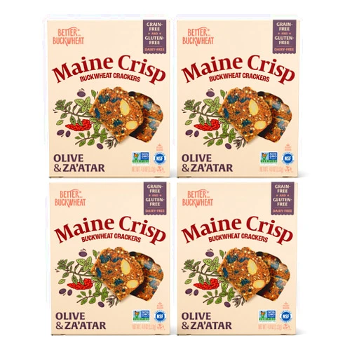 Maine Crisp Olive & Za'atar Crisps, 4 Pack, Gluten Free Crackers - Snack Crackers, Grain Free, Non-GMO - Sweet & Savory Flavor, For Cheese Boards, Salad Toppings & Jams