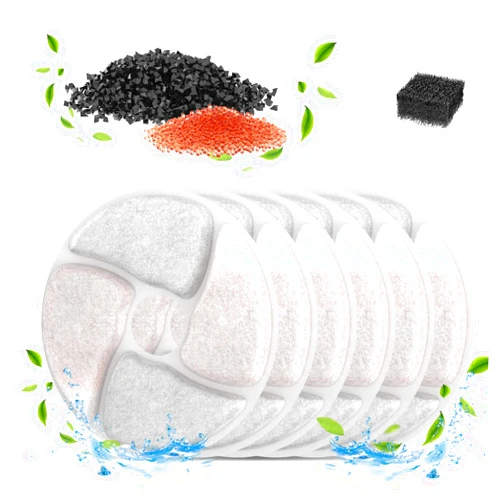 Roilpet 6 Pack Replacement Filters for 6L/211oz/1.6Gal Dog Water Fountains, Made of Activated Carbon, PP Cotton and Ion Exchange Resin, Food Grade Water Fountain Filters, 6pcs Filters and 1pcs Sponges