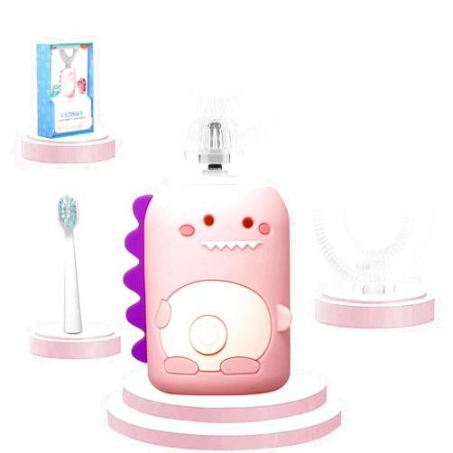 KAQINWX Kids Electric Toothbrushes, U Shaped Toddler Toothbrush, Panda Ultrasonic Kids Toothbrush with Smart Timer, 3 Brush Heads Replacement, 3 Clean Modes (Dinosaur-Pink)