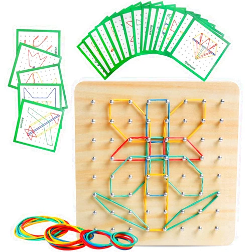 Skrtuan Wooden Geoboard with Rubber Bands Graphical Math Pattern Blocks Geo Board - Montessori Educational Toy for Kids with Pattern Cards and Rubber Bands Create Figures Shape STEM Puzzle Matrix Brain Teaser