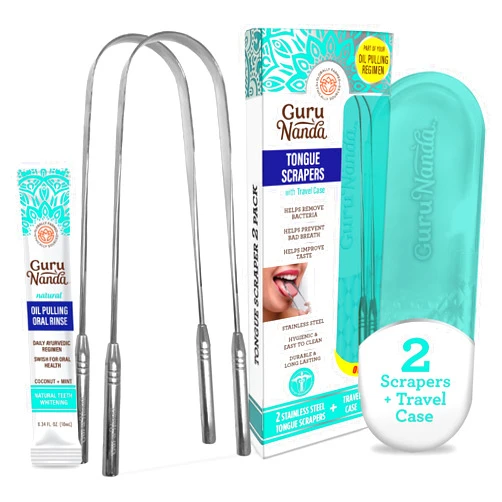 GuruNanda Tongue Scraper for Adults 2 count (Pack of 1) with Travel Case, 420 Medical grade Stainless Steel, Aids in Fresh Breath & Oral Care - Travel-Friendly