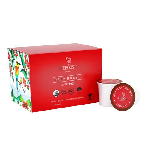 Lifeboost Dark Roast Low Acid Coffee K Cups - Single Origin Mold Free Non-GMO Organic Coffee Pods - Compatible with Keurig & Keurig 2 Machines - 10 Count
