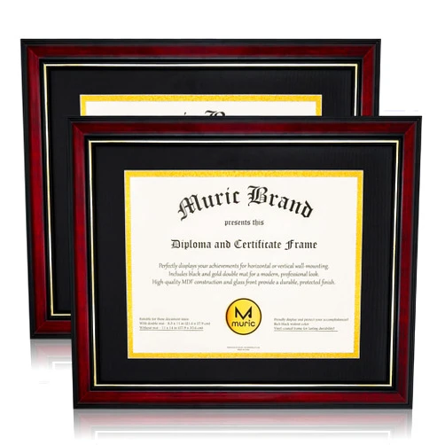 Egofine Diploma Frames 8.5 x 11 with Mat Set of 2 Solid Wood Degree frame Covered by Plexiglass, Certificate Frame 11x14 Without Mat, Picture Frame for Wall and Tabletop, Cherry Red with Gold Edge