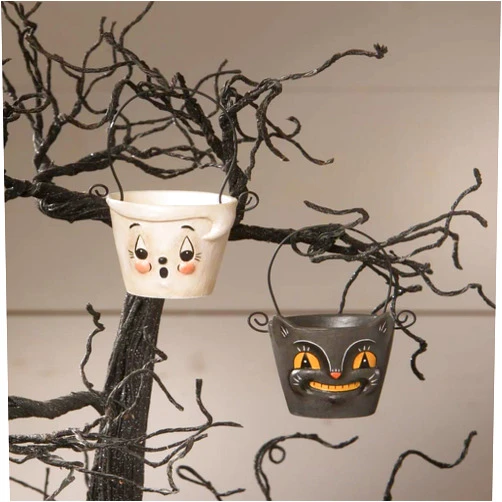 Bethany Lowe Boo & Cat Teeny Halloweenie Pail Ornaments, Set of 2, (JP1054)