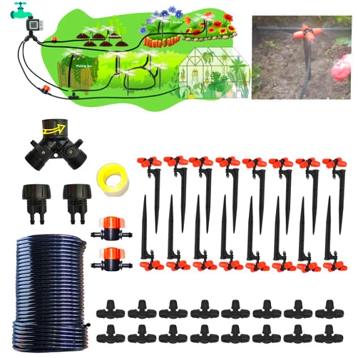 FesmTek Drip Irrigation Kit Automatic Watering System 80FT 1/4 Tubing and 16 Rain Spray Watering Nozzles in 4 Directions for Potted Plants Yard Lawn Juvenile Plants Black