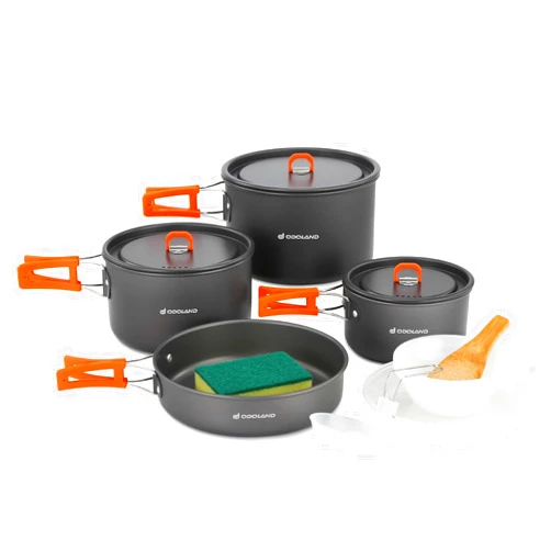 Odoland 15pcs Camping Cookware Non-Stick Lightweight Camping Pots and Pans Set with Plastic Plates Bowls Soup Spoon for Camping, Backpacking, Outdoor Cooking and Picnic
