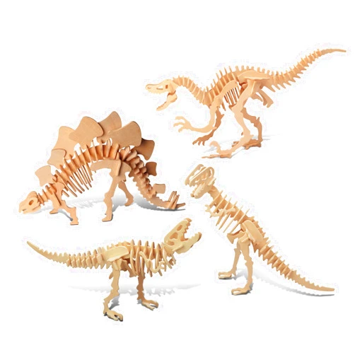 Puzzled Bundle of Velociraptor, Stegosaurus & Tyrannosaurus 2 in 1 Wooden 3D Puzzle Construction Kits, Educational Dino Toy Assemble Model Unfinished Wood Craft Hobby Puzzle to Build & Paint - 3 Pack