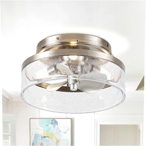 Vaczon Low Profile Nickel Caged Ceiling Fan with Light and Remote, 13.2” Modern Flush Mount Ceiling Fan, DC Motor, Max 1100 RPM Silver Fandelier Ceiling Fans with LED Light for Bedroom Kitchen