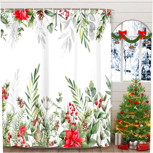 Xiaoput Christmas Flower Shower Curtain, Winter Floral Leaves White Shower Curtain for Bathroom, Natural Plant Fabric Shower Curtain Bathroom Decor Waterproof with Hooks,70X70in