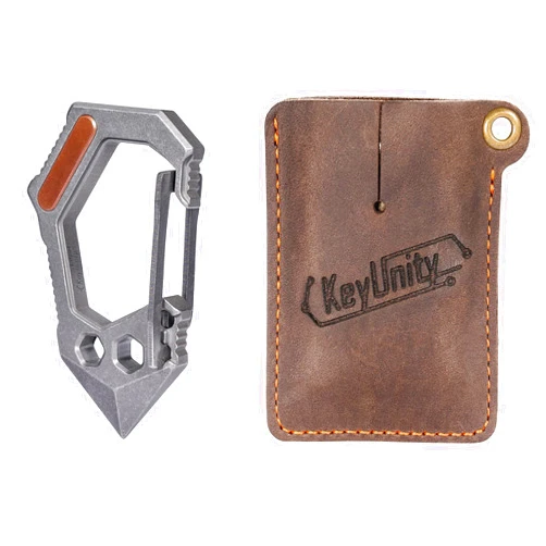 KeyUnity KU02 Titanium Multifunctional Carabiner 7 Tools in 1 & EDC Leather Sheath Pocket Bundle
