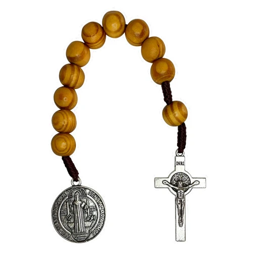 Treasure4U- Saint Benedict Medal Prayer Pocket Rosary Catholic Brown Wood Beads San Benito Tenner Open Style One Decade Rosary