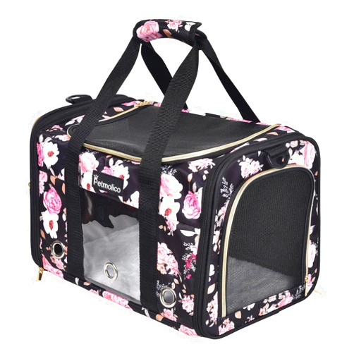 Petmolico Cat Carrier Dog Carrier, Airline Approved Soft Pet Travel Carrier with 3 Open Doors Mesh Windows for Cats Puppy 16 lbs, Pink Peony