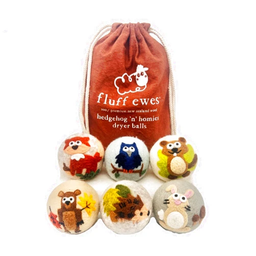 Hustle & Blush Fluff Ewes Premium Handmade New Zealand Reusable Wool Dryer Balls for Laundry, Baby, Anti-Static Alternative to Liquid Fabric Softener, Plastic Dryer Balls or Dryer Sheets, Hedgehog & Homies, 6 Pack