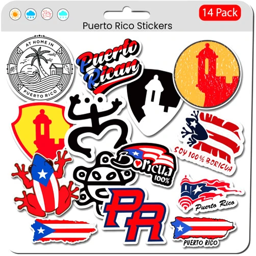 United by Color Puerto Rico Stickers (14 Pack) – Waterproof, Durable Vinyl Featuring Puerto Rican Flag, Coquí, Taino Symbols & Cultural Icons – Perfect for Laptops, Cars, Water Bottles, Truck
