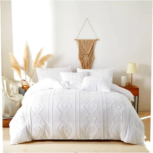 CinYana Boho Bedding Duvet Cover Sets 5 Piece Tufted Comforter Cover Set Shabby Chic Soft Breathable for All Seasons (Queen, White)