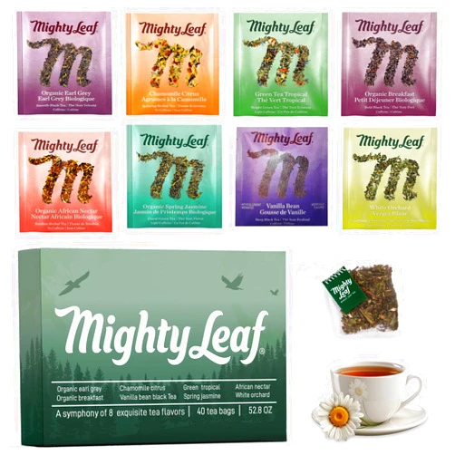 SMODY Mighty-Leaf Tea Bags Spring Sampler Assortment (40 Silk Bags) Organic (8 Flavors), Tropical, Chamomile Citrus, Earl Grey, Vanilla Bean, White Orchard, Breakfast, Spring Jasmine, African Nectar, Tea Giftbox