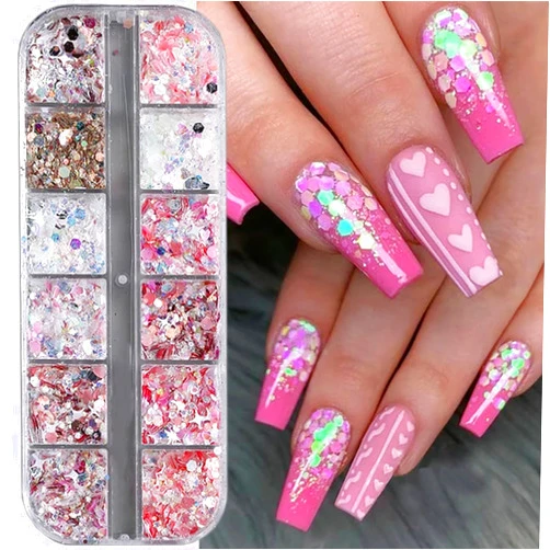 ZRZETREB 12 Grids Hexagon Nail Art Glitter Holographic Mermaid Nail Glitter Sequins Pink Heart Nail Sequins Chunky Shiny Star Nail Art Supplies Nail Glitter Powder for Women DIY Acrylic Nail Decoration