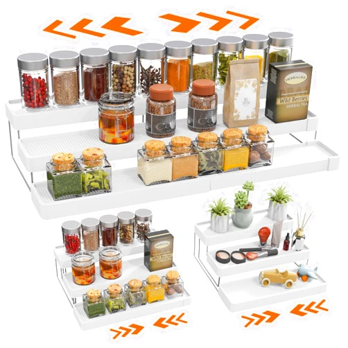 INVOCOO Expandable Spice Rack Organizer for Cabinet - 3 Tier Adjustable Cabinet Spice Organizer Easy Visibility - Spice Organizer for Cabinet Countertop Cupboard Pantry Organization (White)