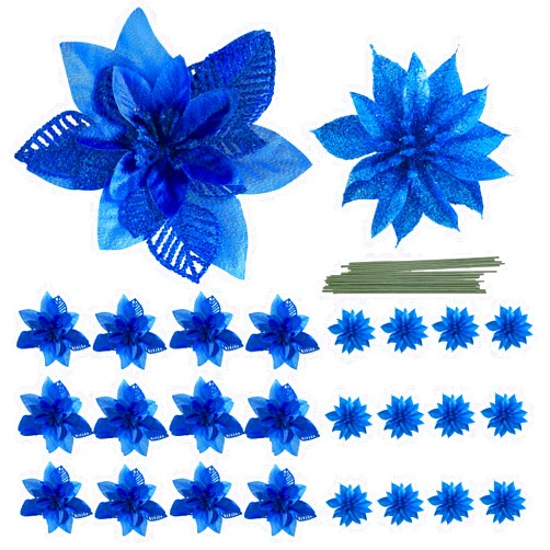 LEHIYIJIA 24Pcs Poinsettia Christmas Flowers Decorations with Stems, 2 Styles Glitter Artificial Poinsettia Christmas Tree Ornaments, for Xmas Tree Wreath Garland Holiday Decor, Blue