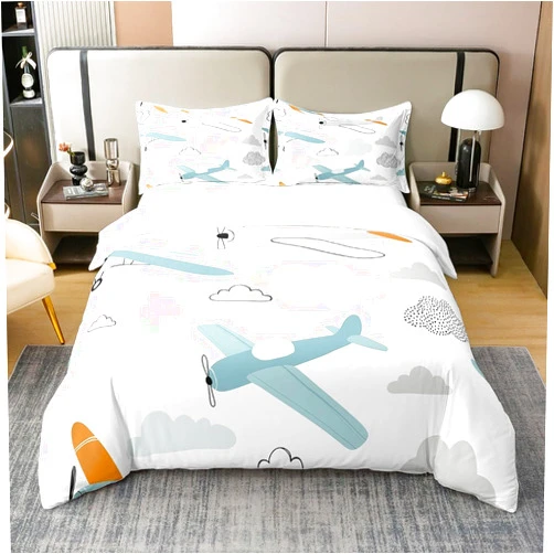 Castle Fairy Cartoon Planes 100% Cotton Duvet Cover Cute Aircraft Watercolor Clouds Graffiti Bedding Set for Kids Boys Girls Colorful Modern Hippie Airplanes Decor Comforter Cover with 1 Pillowcase Twin Size 2 Pcs