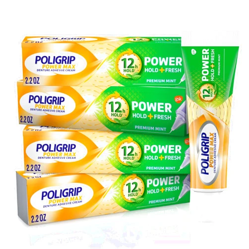 Super Poligrip Power Max Power Hold + Fresh Denture Cream, Premium Peppermint - 2.2 oz x 4