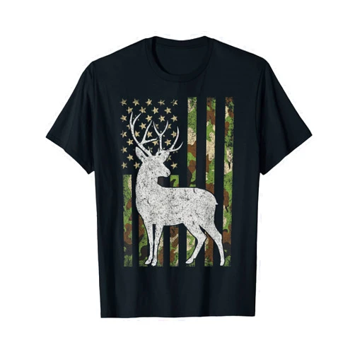 Whitetail Buck Deer Hunting Hunter Gift Whitetail Buck Deer Hunting American Camouflage USA Flag T-Shirt