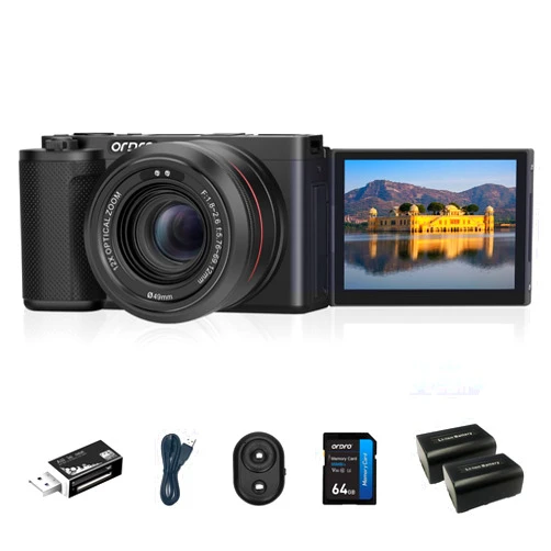ORDRO 5K Digital Camera Vlogging Camera for Content Creators and Vloggers, 64MP Digital Camera for Photography Flip Screen, 12X Optical Zoom Camera, Auto Focus, IR Night Vision Function, 64GB Card