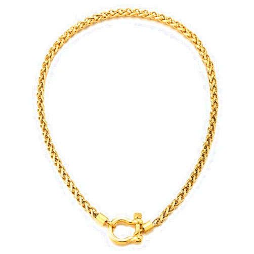 COOLSTEELANDBEYOND Mens Women Stainless Steel Wheat Chain Necklace With Horseshoe Shackle Clasp, Nautical Anchor Buckle Closure, Statement Jewelry