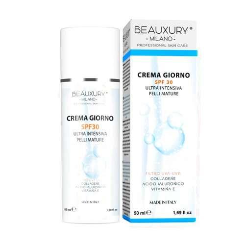 Beauxury Milano Anti-Aging SPF 30 Day Cream with UVA UVB Sun Protection and Lifting Action for Mature Skin - High Hydration Booster Formula 50 ML, Silicone-Free, Allergen-Free Fragrance.