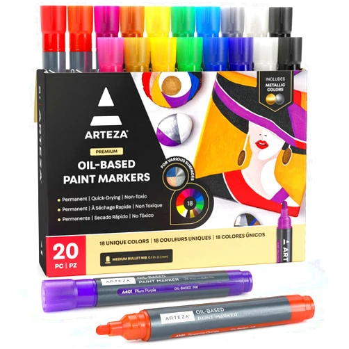 ARTEZA Oil Based Paint Markers, Set of 20 Assorted Colors Permanent Paint Pens, Waterproof Rock Painting, Art and Craft Supplies for Canvas, Glass