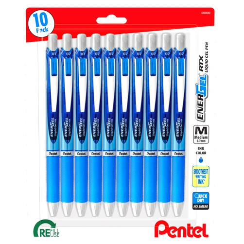 Pentel EnerGel RTX Retractable Premium Liquid Gel Pen, (0.7mm) Needle Tip, Ultra Smooth, Medium Line, Blue Ink 10 Pack