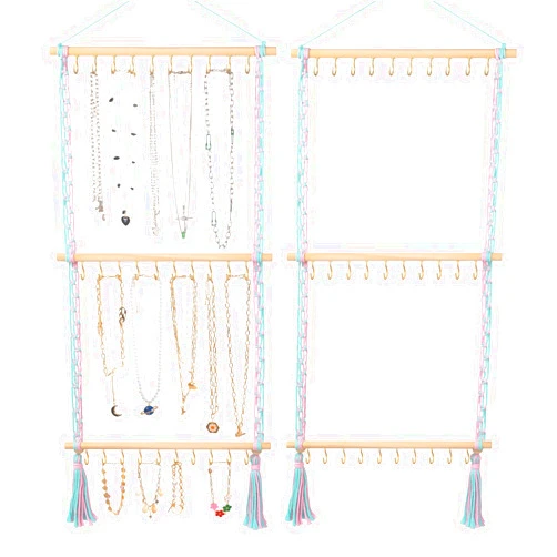 AFUOWER Hanging Jewelry Organizer Storage with 30 Metal Hooks Necklace Holder Wooden Wall Mounted Storage for Necklaces, Bracelets, Earrings (Pink & Blue)